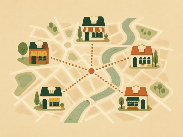 Stadtplan mit fünf Lokalen, die zu einem Netz verbunden sind